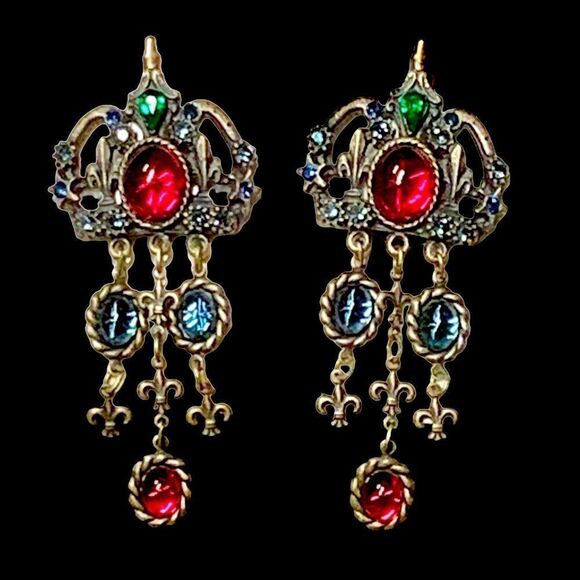 Banana Bob Moghul theme chandelier earrings Ruby emerald sapphire glass clips - Picture 1 of 6